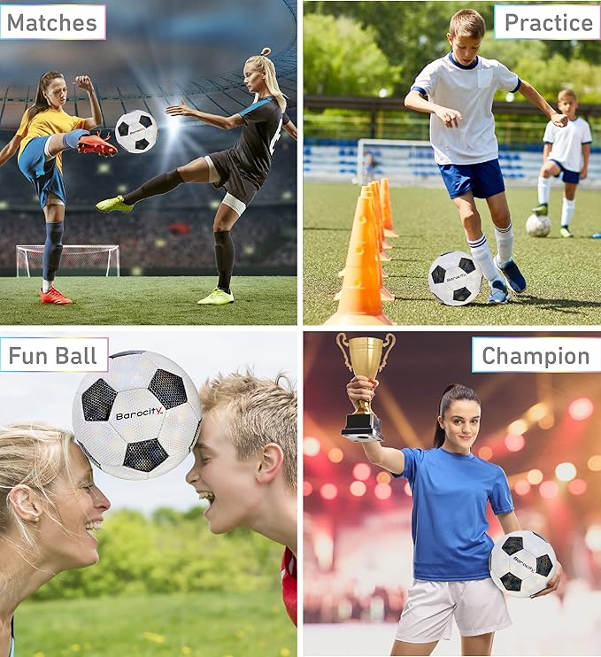 Soccer Ball - Premium Boy and Girl Official Match Ball with Cool Reflective Iridescent Rainbow Hex Pattern, Durable, Indoor, Outdoor, Training, Practice, Playtime and Games
