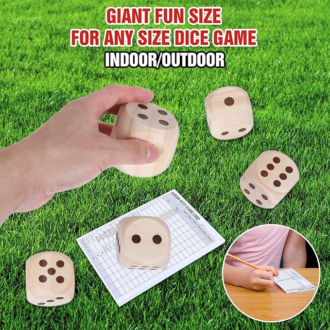GOTHINK Large Wooden Yard Dice Game Set, Get The Party Started with 5 PCS Wooden Yard Dices - 2.1 Inches, Perfect for Outdoor Fun and Games, Includes Scoreboard and Storage Box