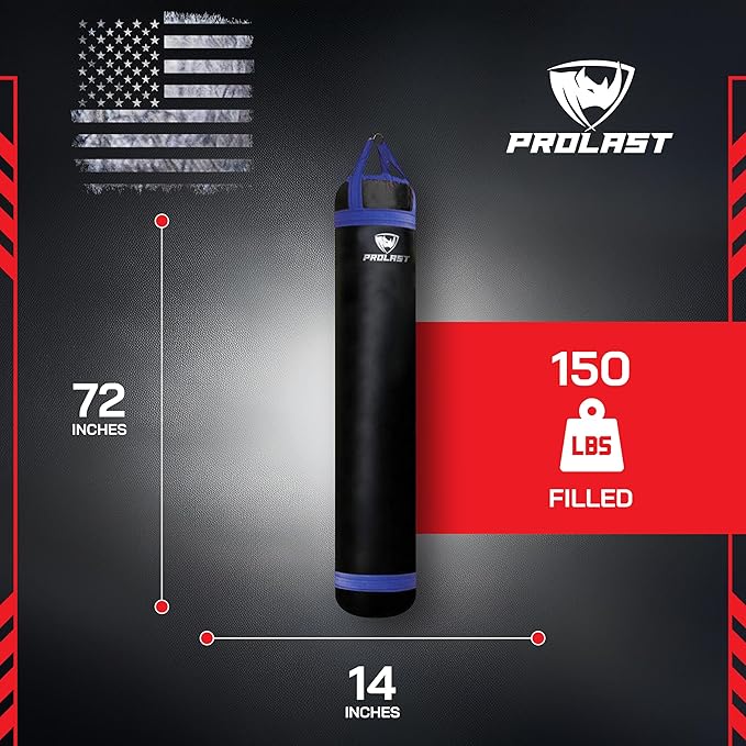 PROLAST Heavy Punching Kicking Bag for Adults, Boxing, MMA, Martial Arts, Muay Thai, Strength Training Equipment, Filled, 6ft, 150 lbs, Colored Trim Strap, Rhino Logo