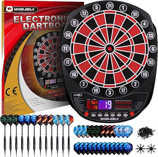 WIN.MAX Electronic Dart Board Soft Tip Dartboard Set LED Displays 3 Languages with 12 Darts 100 Tips Power Adapter