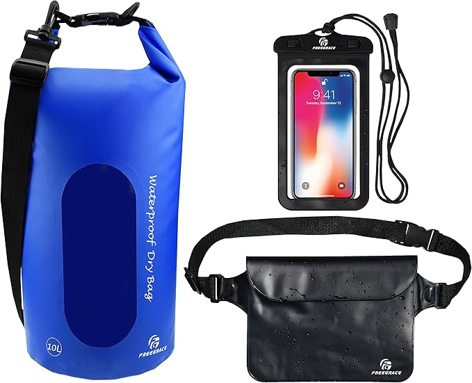 Freegrace Waterproof Dry Bags Set of 3 Dry Bag with 2 Zip Lock Seals & Detachable Shoulder Strap, Waist Pouch & Phone Case - Can Be Submerged Into Water - for Swimming (Navy Blue(Window), 20L)