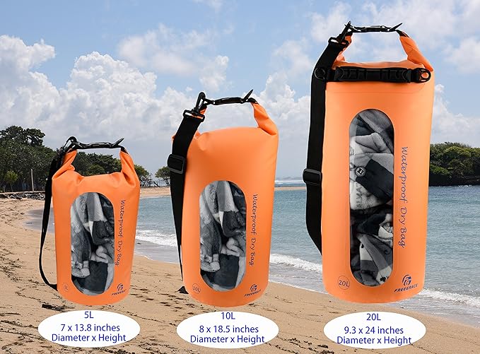 Freegrace Waterproof Dry Bags Set of 3 Dry Bag with 2 Zip Lock Seals & Detachable Shoulder Strap, Waist Pouch & Phone Case - Can Be Submerged Into Water - for Swimming (Orange(Window), 20L)