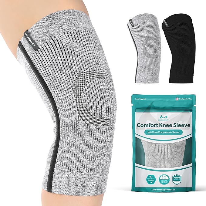 BraceAbility Knee Compression Sleeve - Knit Knee Pain Brace for Men and Women, Arthritis Relief, Meniscus Tear, Running, Workout, Sports, Swelling, Athletic Support for Joint Stability (M/L Gray)