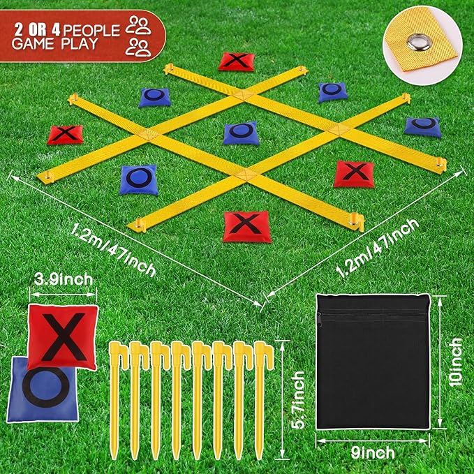 Giant Tic Tac Toe Strap Game Outdoor, 4 Ft X 4 Ft Portable Tic Tac Toe Bean Bag Toss Game, Large Yard Toss Game Tic Tac Toss Across Camping Games for Kids & Families