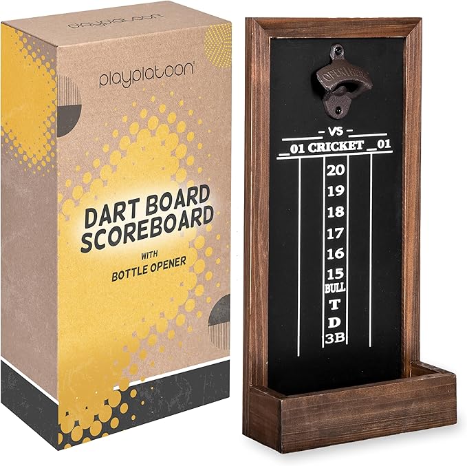 Play Platoon Dart Scoreboard & Darts Holder Wall Mount with Bottle Opener - Wood Score Board, Professional Darts Accessories, Dart Holder