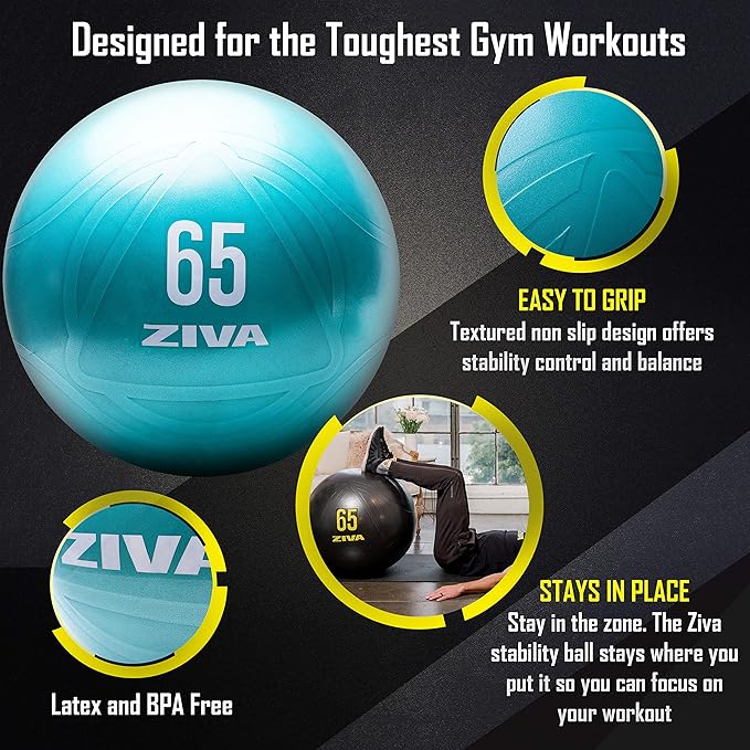 Ziva Anti Burst Core Fitness Exercise Ball - Professional Grade Slip Resistant Yoga Ball for Stability Balance - Includes Hand-Pump - Multiple Sizes Colors, 55-75cm
