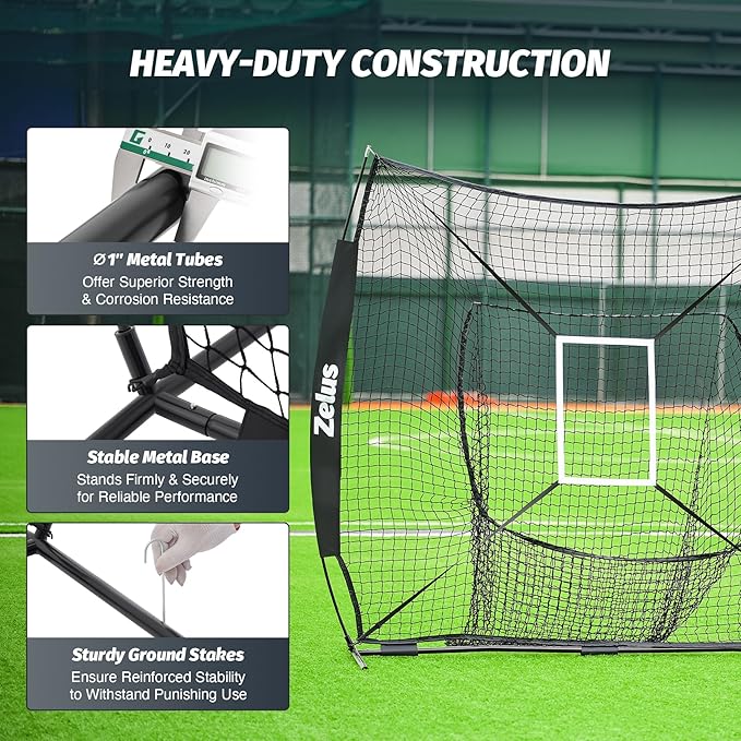 ZELUS 7x7 ft Baseball Softball Practice Net, Hitting and Pitching Net with Adjustable Batting Tee 2 Strike Zone, Portable Baseball Backstop Net with Carry Bag, Great for All Skill Levels