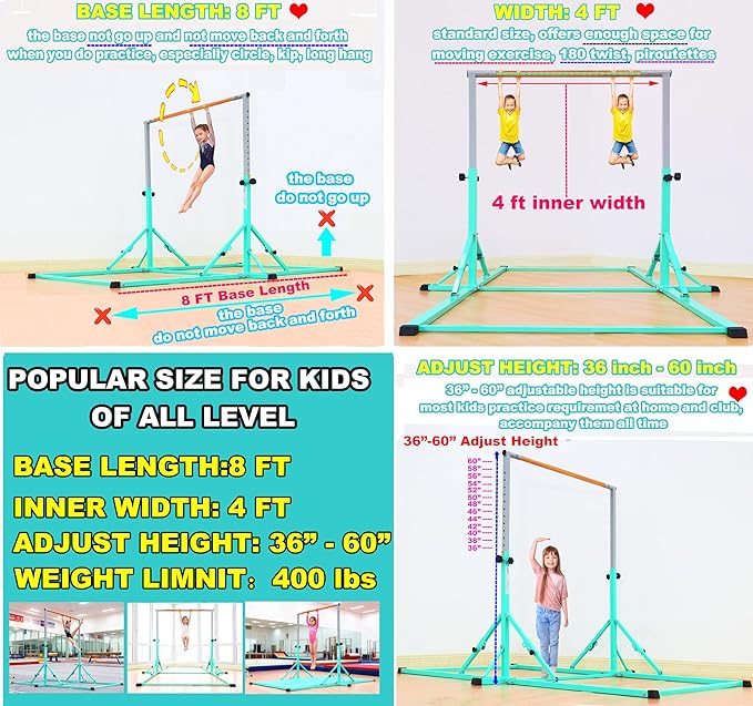 MARFULA Gymnastic Bar for Kid and Teenage Ages 3-25, 5 FT / 8 FT Base Length, 4 FT Width 5 FT Height, Gymnastic Kip Bar Horizontal Bar for Gymnast, Gymnastic Training Equipment for Home and Club Use