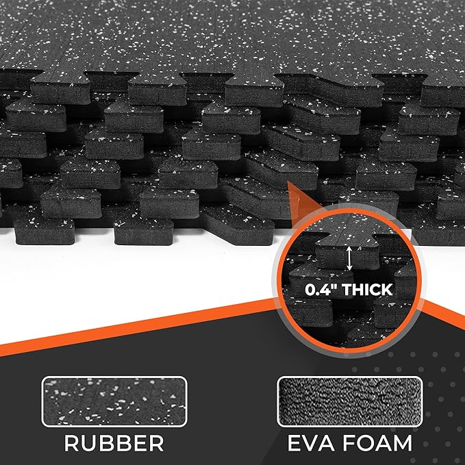 SUPERJARE 0.4'' Thick 12 Pcs 48 Sq Ft Rubber Top Exercise Equipment Mats, High Density EVA Foam Mats with Rubber Top, Interlocking Gym Flooring for Home Gym, Protective Workout Mat, Black/Grey
