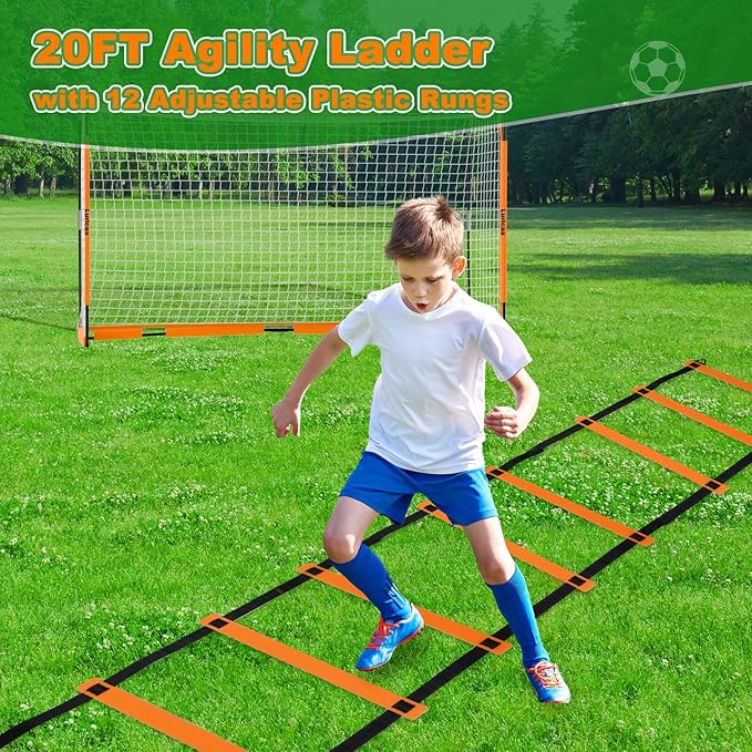 Collapsible Soccer Goal, 12×6 ft /6×4 ft Portable Soccer Goal Net for Backyard, Quick Setup Soccer Goals with 1 Carry Bag, 1 Agility Ladder, 4 Ground Nails,12 Training Cones