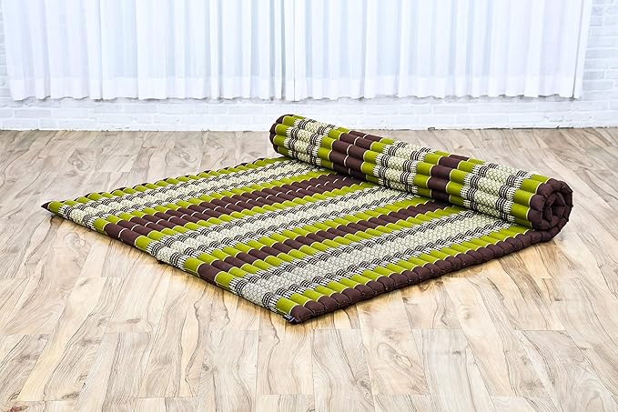 Leewadee - Foldable Floor Mattress - Japanese Roll Up Futon -Trifold Tatami Mat- Guest Floor Bed - Camping Mattress - Thai Massage Mat, Kapok Filled, 75 x 57 inches, Brown Green