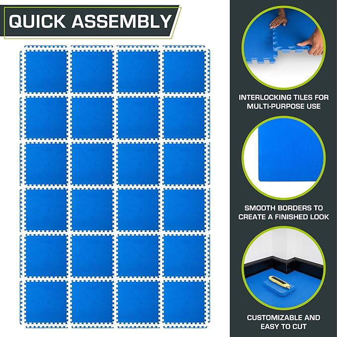 ProsourceFit Extra Thick Puzzle Exercise Mat 3/4", EVA Foam Interlocking Tiles for Protective, Cushioned Workout Flooring for Home and Gym Equipment, Blue 4-Pack, 3/4" Thick 96 Square Feet