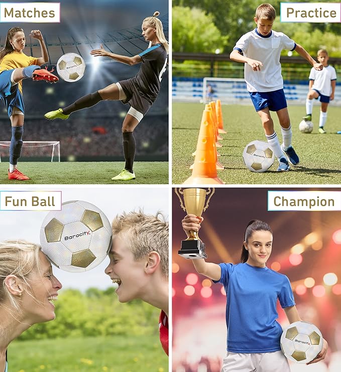 Soccer Ball - Premium Boy and Girl Official Match Ball with Cool Reflective Iridescent Rainbow Hex Pattern, Durable, Indoor, Outdoor, Training, Practice, Playtime and Games
