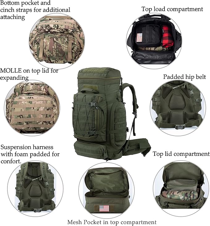 Large Military Backpack Army Rucksack Tactical MOLLE Pack for Camping Backpacking Hunting Bushcraft Adventure 70L…