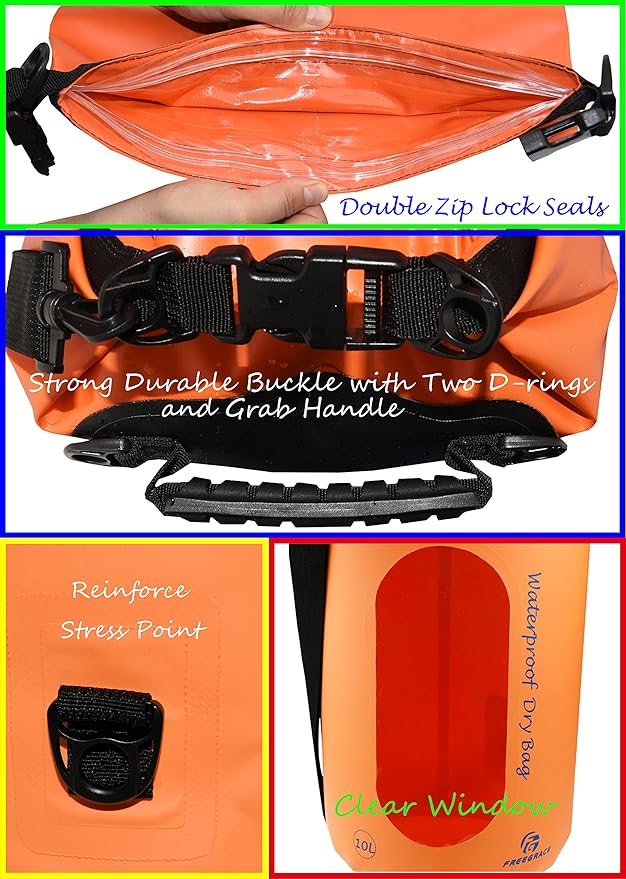 Freegrace Waterproof Dry Bags Set of 3 Dry Bag with 2 Zip Lock Seals & Detachable Shoulder Strap, Waist Pouch & Phone Case - Can Be Submerged Into Water - for Swimming (Orange(Window), 20L)