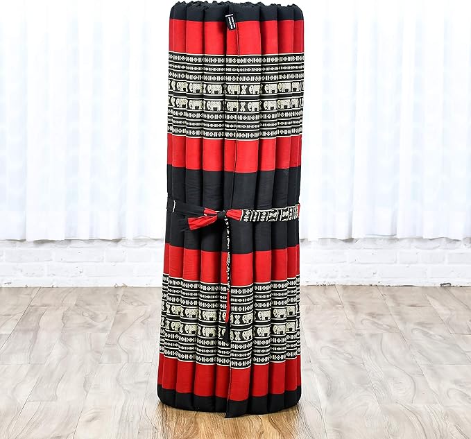Leewadee - Kapok Roll Mat – Handcrafted Folding Sleep & Relaxation Mattress from Thailand, Ideal as Guest Bed, Camping Mat, Yoga Mat or Traditional Futon, 75 x 39 inches, Black Red