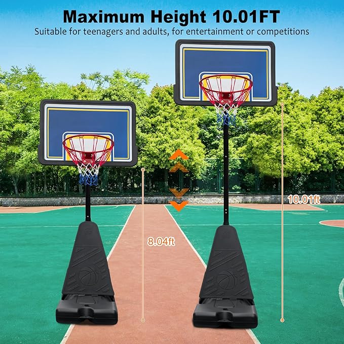 Basketball Hoop Outdoor 8.04-10FT Height Adjustable, Portable Basketball Goal with 44 Inch Shatterproof Backboard, Heavy-Duty Base & Wheels for Youth,Teens,Adults in Backyard,Driveway,Indoor