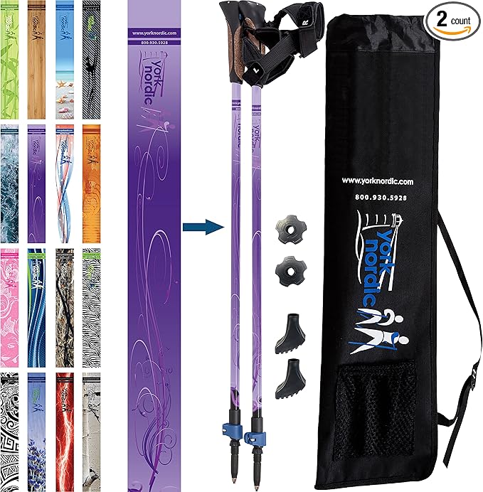 Official Nordic Walking Poles - True Classic Nordic Glove Grips, Lightweight, Adjustable, and Collapsible -2 Pieces w/flip Locks, Detachable Feet and Travel Bag by York Nordic - Heights 5'4"-6'2"