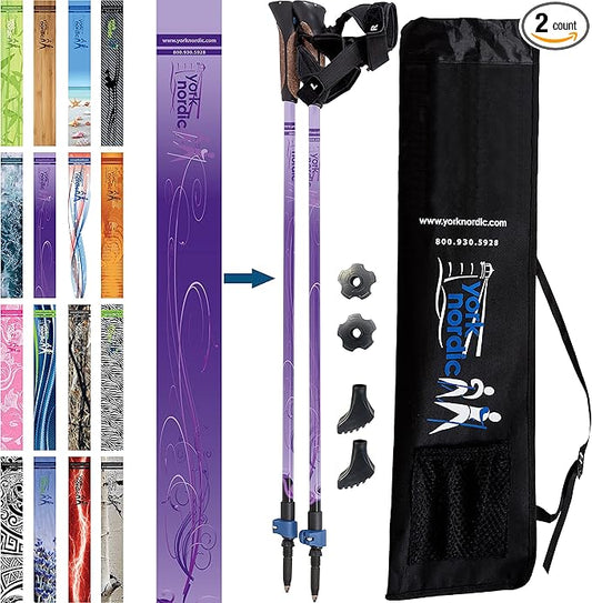 Official Nordic Walking Poles - True Classic Nordic Glove Grips, Lightweight, Adjustable, and Collapsible -2 Pieces w/flip Locks, Detachable Feet and Travel Bag by York Nordic - Heights 5'4"-6'2"