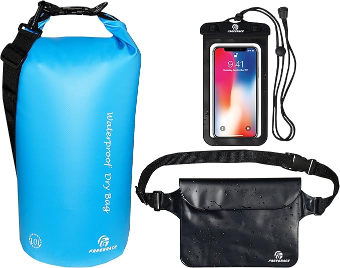 Freegrace Waterproof Dry Bags Set of 3 Dry Bag with 2 Zip Lock Seals & Detachable Shoulder Strap, Waist Pouch & Phone Case - Can Be Submerged Into Water - for Swimming (Sky Blue, 10L)