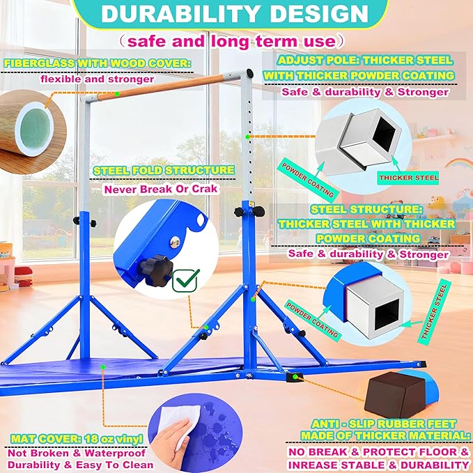 MARFULA Gymnastic Bar for Kid and Teenage Ages 3-25, 5 FT / 8 FT Base Length, 4 FT Width 5 FT Height, Gymnastic Kip Bar Horizontal Bar for Gymnast, Gymnastic Training Equipment for Home and Club Use