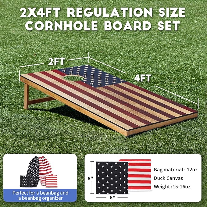 Cornhole Set, Corn Holes Outdoor Game, Regulation Cornhole Boards, Portable Cornhole Set, Classic American Flag Cornhole Set Includes 2 Boards, 8 Cornhole Beans Bags & Carry Case