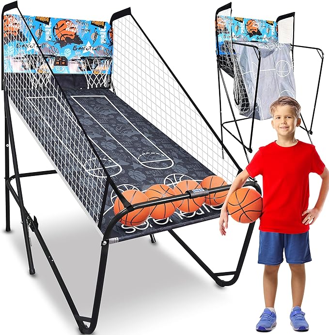 SereneLife Dual Hoop Basketball Shootout Indoor Home Arcade Room Game with Electronic LED Double Basketball Shot Scoreboard & Play Timer, Fold-up Court Shooting Sports for Kids&Adults Player