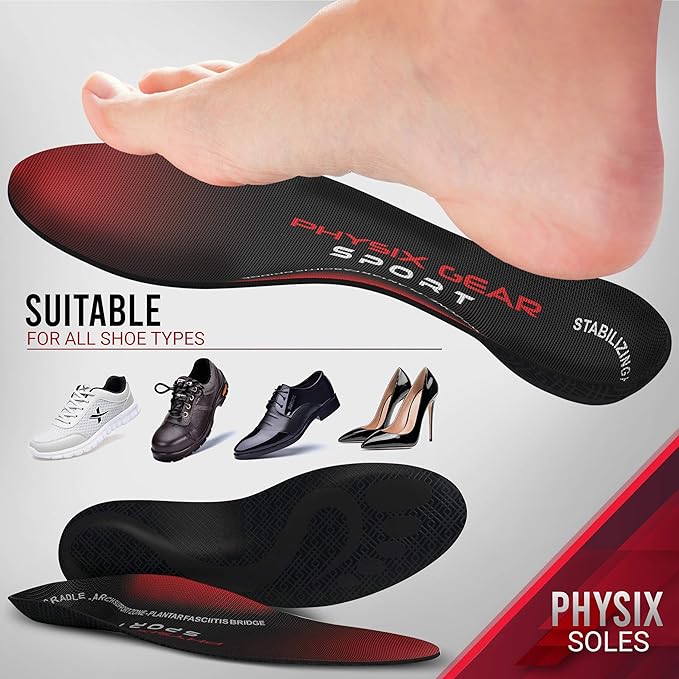 Physix Gear Orthotic Insoles for Men & Women - Arch Support Orthotics Insole, Orthopedic Insoles, Inserts for Men & Women, Foot Insoles for Plantar Fasciitis Comfort, Shoe Insert, Feet, Red/Black, S