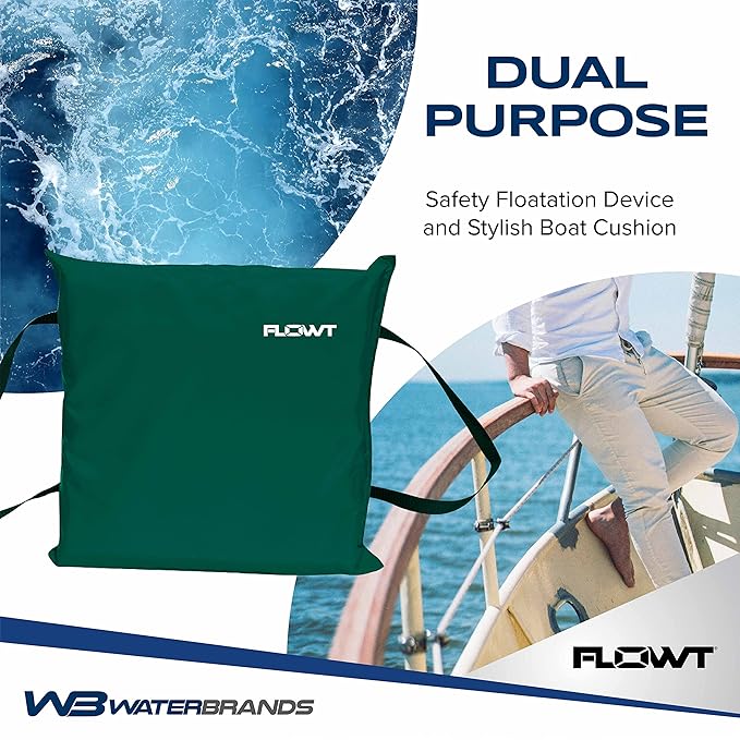 Flowt Boat Seat Cushion and Throw Cushion for Boat Safety – USCG Approved Type IV, Life Cushion for Boat, Durable, Comfortable Boat Seat Cushions for Kayaks, Paddle Board, Canoe and Boating - Green