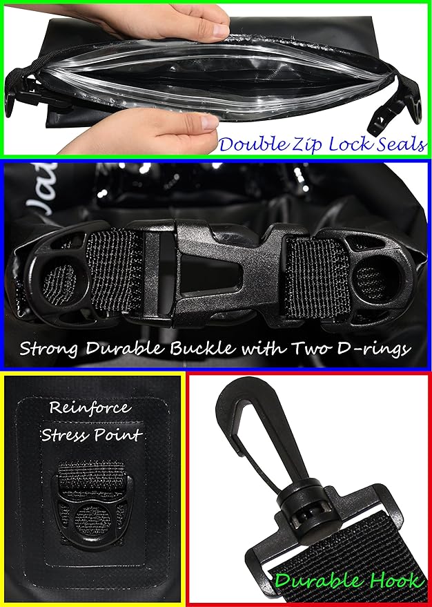 Freegrace Waterproof Dry Bags Set Of 3 Dry Bag With 2 Zip Lock Seals & Detachable Shoulder Strap, Waist Pouch & Phone Case - Can Be Submerged Into Water - For Swimming (Black, 5L)