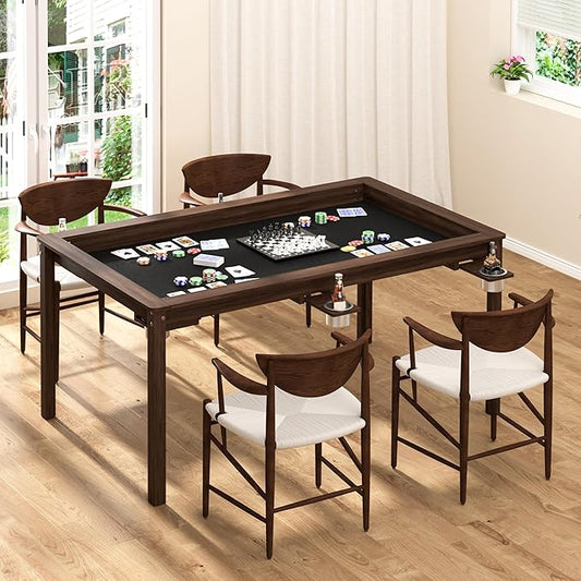 MUPATER Solid Wood Board Game Table with 58” x 33” Gaming Space and Removable Table Top, Modular Game and Dining Table for Adults, Includes Cup Holders and Leatherette Play Mat