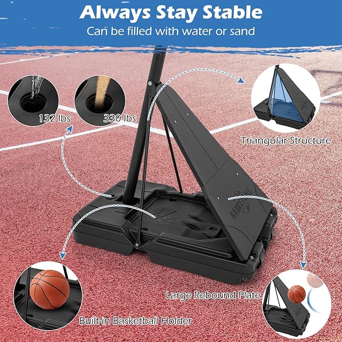 GYMAX Basketball Hoop, 4.9-10 FT Height Adjustable Basketball Goal with 44 Inch PC Backboard, Rebound Plate & Wheels for Kids Teens Adults, Portable Basketball Hoop for Indoor & Outdoor