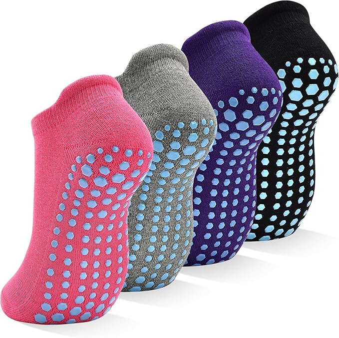 SkiBeaut Grips Non Slip Socks for Women, 4 Pairs Yoga Pilates Anti Skid Woman Hospital Gripper Socks (5-12)