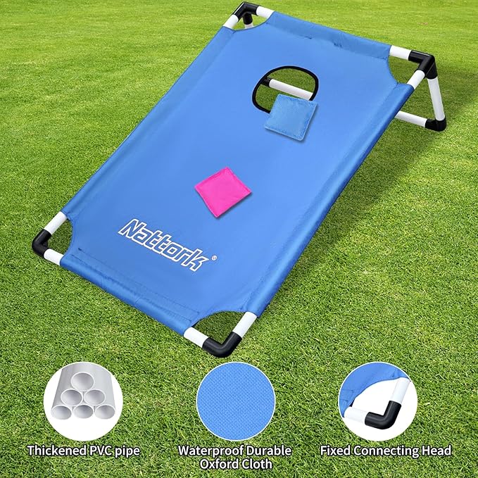 Portable Cornhole Set PVC Framed Corn Holes Outdoor Game Set with 2 Cornhole Boards, 8 Cornhole Bean Bags and Carrying Case, Camping Games Indoor Outdoor for Kids and Adults, Travel Camping Accessory