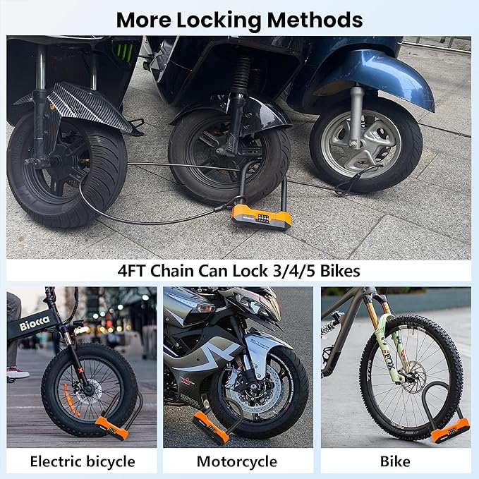 NDakter Bike Locks Heavy Duty Anti Theft，18mm Bicycle Combo U Lock with 5FT Cable, 4-Digit Resettable Combination Electric Scooter Lock with 2Keys and Bracket for Tricycle, Moped, Motorcycle (Orange)