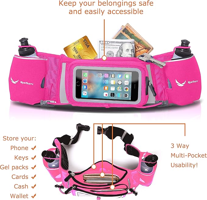 No.1 Hydration Belt by Runtasty - Premium Running Fuel Belt w/2 BPA-Free 10 oz Water Bottles, Tilt-Up Pocket w/Touchscreen-Ready Cover - Fits All iPhones, Runners Ebook & No-Bounce Design