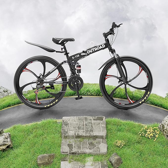 Outroad 26 Inch Folding Mountain Bike, 21 Speed Full Suspension High-Carbon Steel MTB Foldable Bicycle, Dual Disc Brake Non-Slip Folding Bikes for Adults/Men/Women, Black, Orange and Green