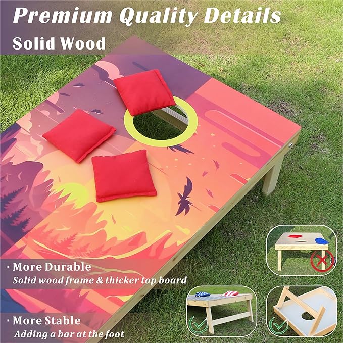 Cornhole Board Set 4FTx2FT Solid Wood Regulation Size Cornhole Set Includes 8 Cornhole Bags for Adults