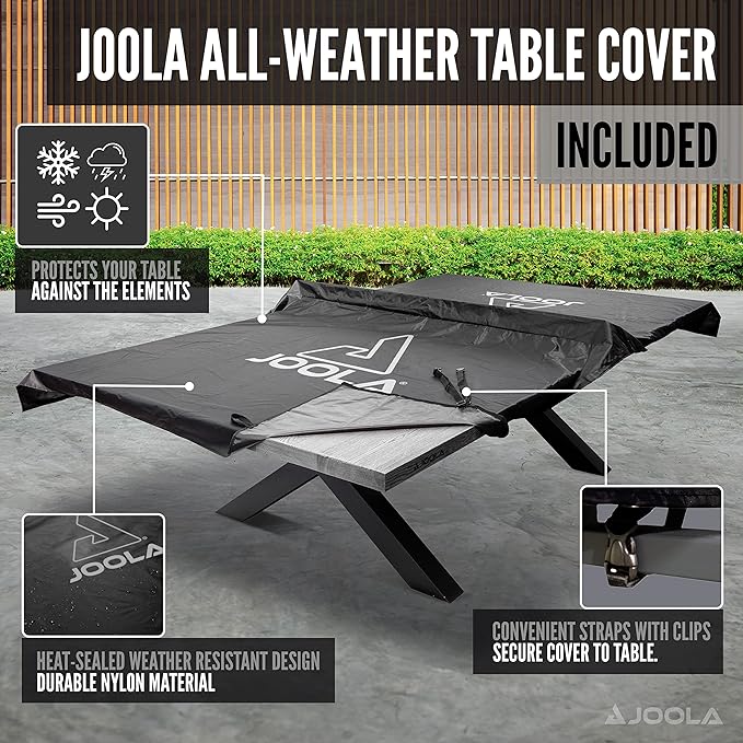 JOOLA Outdoor Table Tennis Table - Multi Use Conference Table Dining Table - Concrete Wood Look Includes Steel Outdoor Ping Pong Net Set & Frame - Hybrid Indoor Outdoor Ping Pong Table