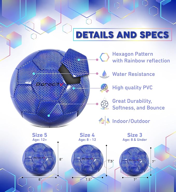 Soccer Ball - Premium Boy and Girl Official Match Ball with Cool Reflective Iridescent Rainbow Hex Pattern, Durable, Indoor, Outdoor, Training, Practice, Playtime and Games