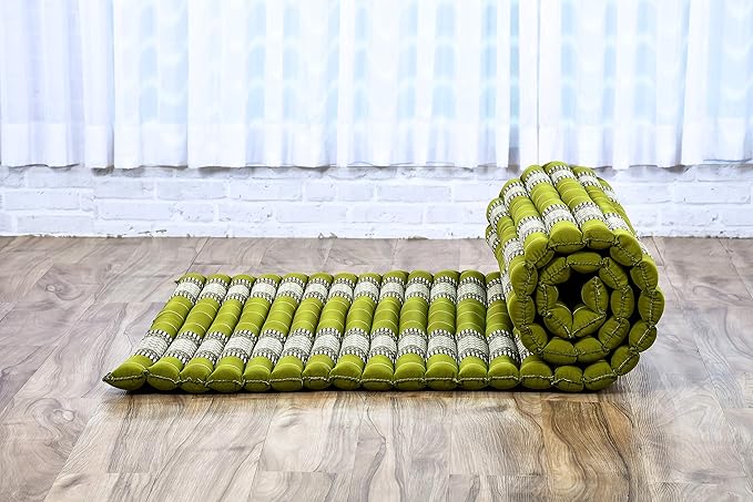 Leewadee - Kapok Roll Mat – Handcrafted Folding Sleep & Relaxation Mattress from Thailand, Ideal as Guest Bed, Camping Mat, Yoga Mat or Traditional Futon, 75 x 39 inches, Green