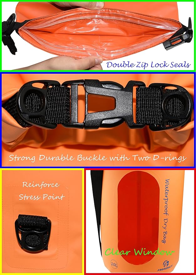 Freegrace Waterproof Dry Bags Set of 3 Dry Bag with 2 Zip Lock Seals & Detachable Shoulder Strap, Waist Pouch & Phone Case - Can Be Submerged Into Water - for Swimming (Orange(Window), 10L)