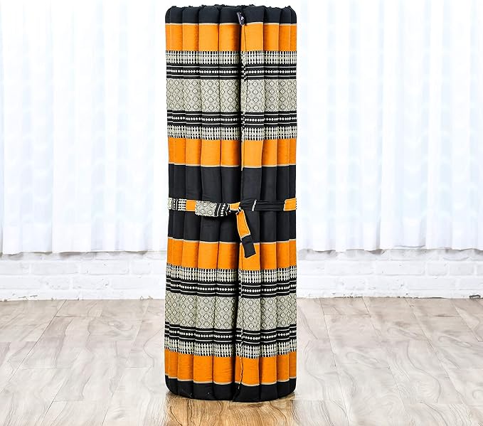 Leewadee - Kapok Roll Mat – Handcrafted Folding Sleep & Relaxation Mattress from Thailand, Ideal as Guest Bed, Camping Mat, Yoga Mat or Traditional Futon, 75 x 39 inches, Black Orange
