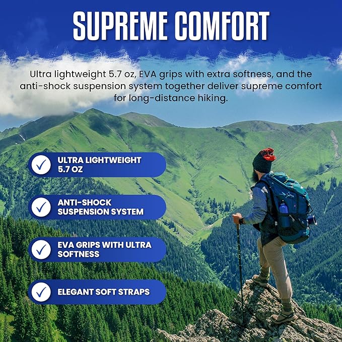 Lucern 5.7 oz Extreme Ultra Lightweight Anti-Shock Carbon Trekking Poles - Incredibly Durable, Supremely Comfortable, Optimally Safe, Fit Carry-on Luggage. Ideal for Backpacking, Long Hiking.