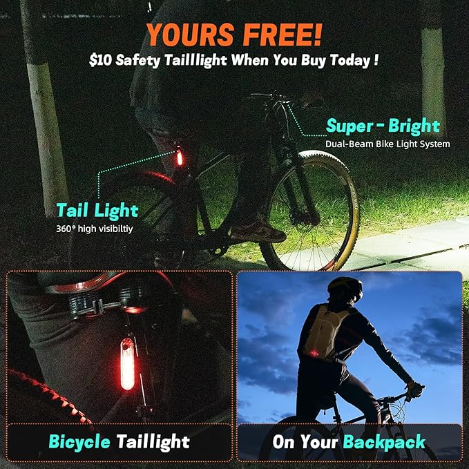 Bike Headlight and Tail Light Set - 3400 Lumens Super Bright USB-C Rechargeable Bicycle Lights, IP67 Waterproof 8000mAh Power Bank, 9+3 Modes, Tool-Free Mount for E-Bikes/Motorcycles