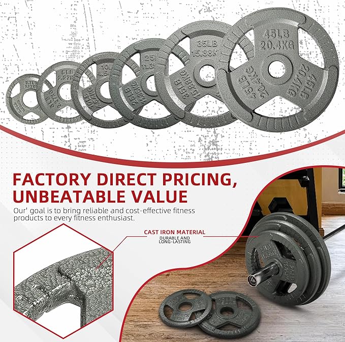 Cast Iron Gym Weight Plates | 1" and 2" Olympic Bumper Plates for Weightlifting, CrossFit, Deadlift, and Squat