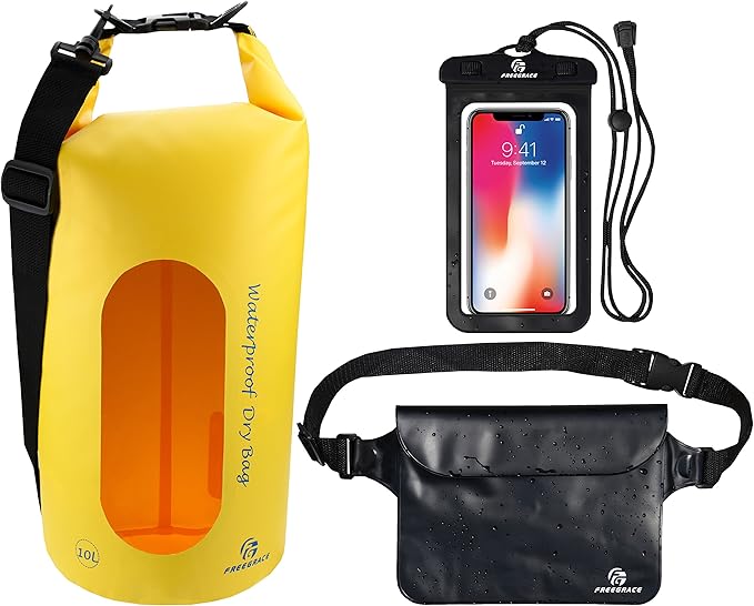 Freegrace Waterproof Dry Bags Set Of 3 Dry Bag With 2 Zip Lock Seals & Detachable Shoulder Strap, Waist Pouch & Phone Case - Can Be Submerged Into Water - For Swimming (Yellow(Window), 5L)