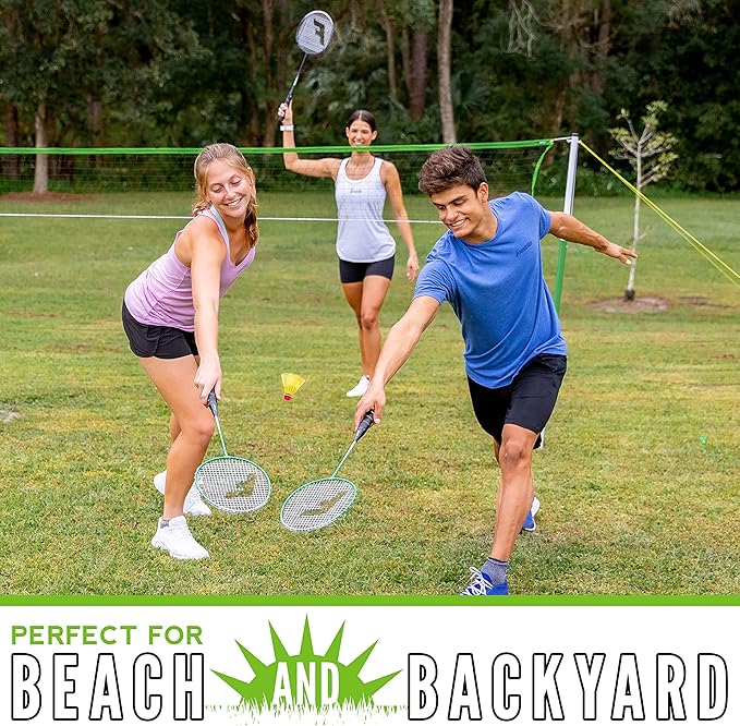 Franklin Sports Badminton Set - Portable Badminton Set - Adult and Kids Badminton Net - Perfect Backyard/Lawn Game - Includes 4 Badminton Racquets - Intermediate