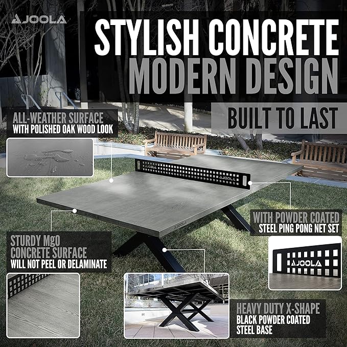 JOOLA Outdoor Table Tennis Table - Multi Use Conference Table Dining Table - Concrete Wood Look Includes Steel Outdoor Ping Pong Net Set & Frame - Hybrid Indoor Outdoor Ping Pong Table