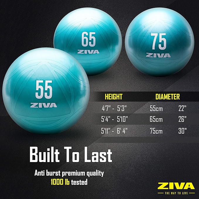 Ziva Anti Burst Core Fitness Exercise Ball - Professional Grade Slip Resistant Yoga Ball for Stability Balance - Includes Hand-Pump - Multiple Sizes Colors, 55-75cm